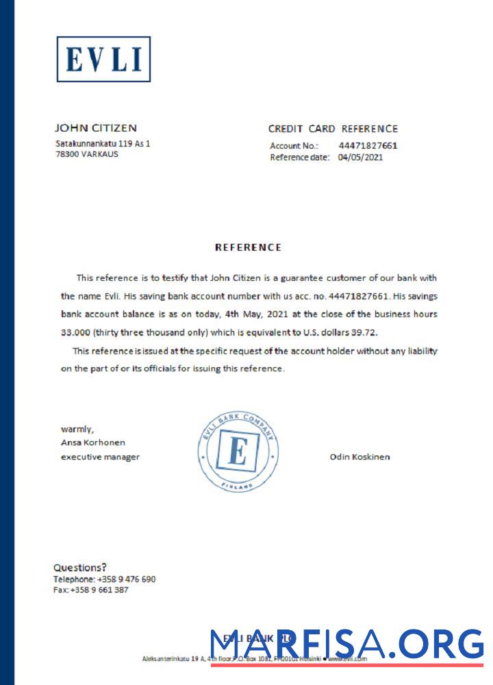 Финляндия Evli Справка образец