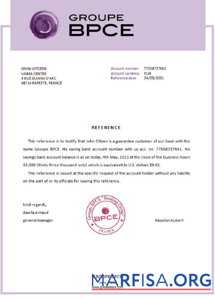 Франция Groupe BPCE Справка образец