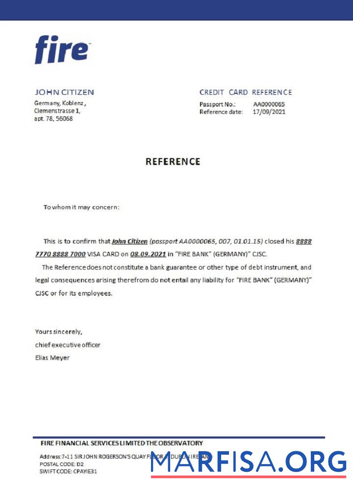 Германия Fire closure Справка шаблон