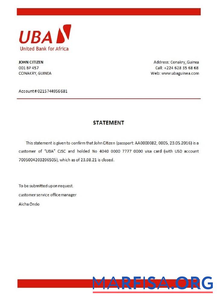 Гвинея UBA closure Справка образец