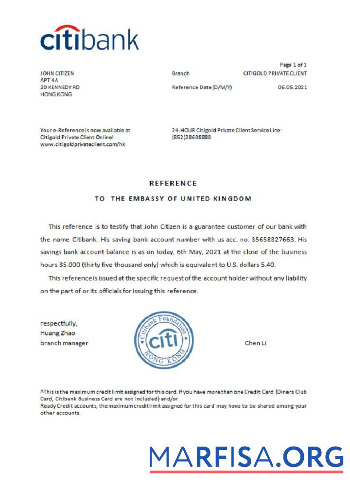 Гонконг Citibank Справка шаблон