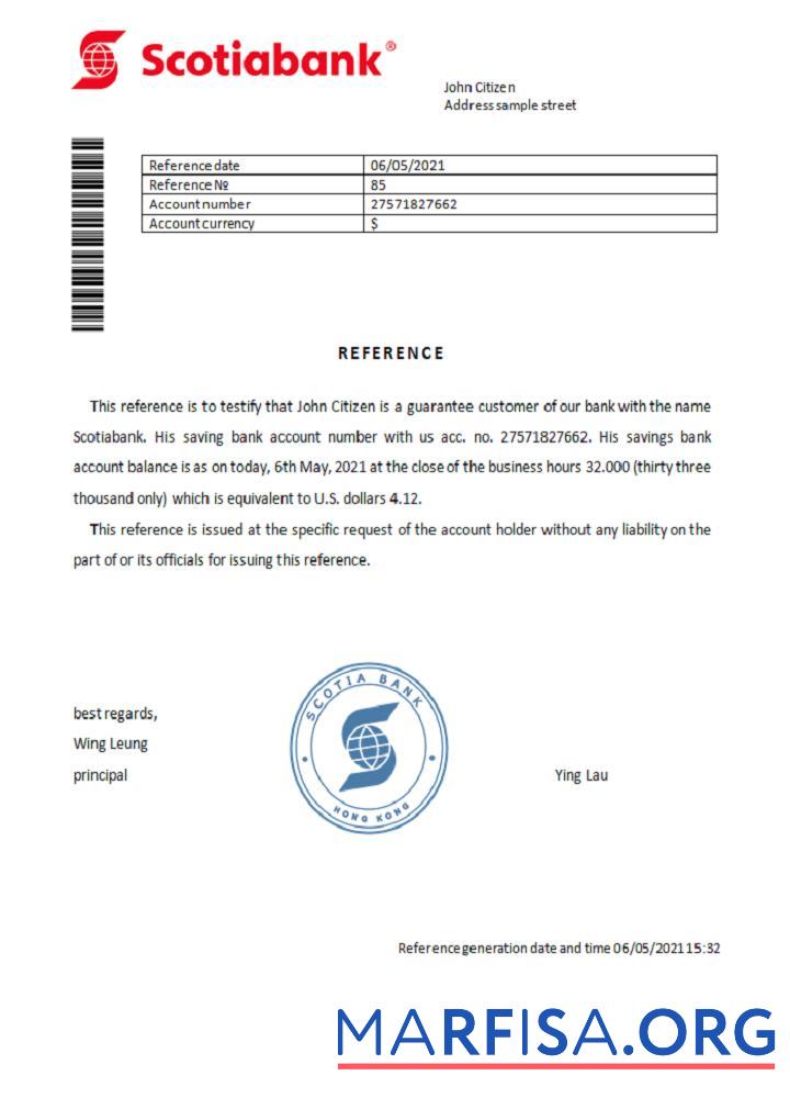 Гонконг Scotia Банковский Справка макет