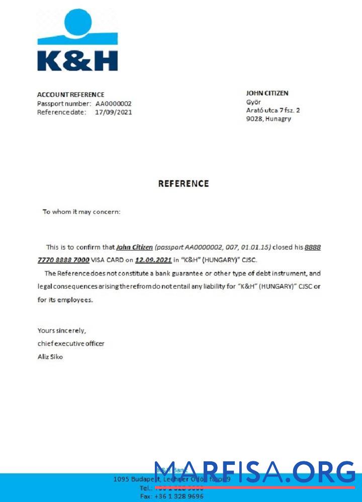 Венгрия K&H closure Справка дизайн
