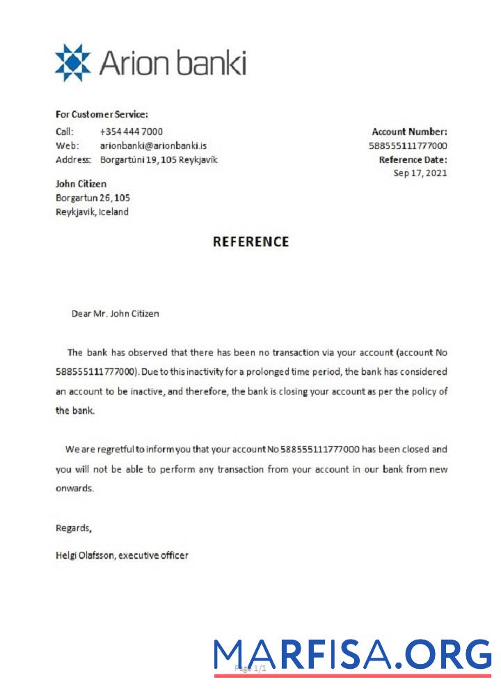 Исландия Arion Банковский closure Справка шаблон