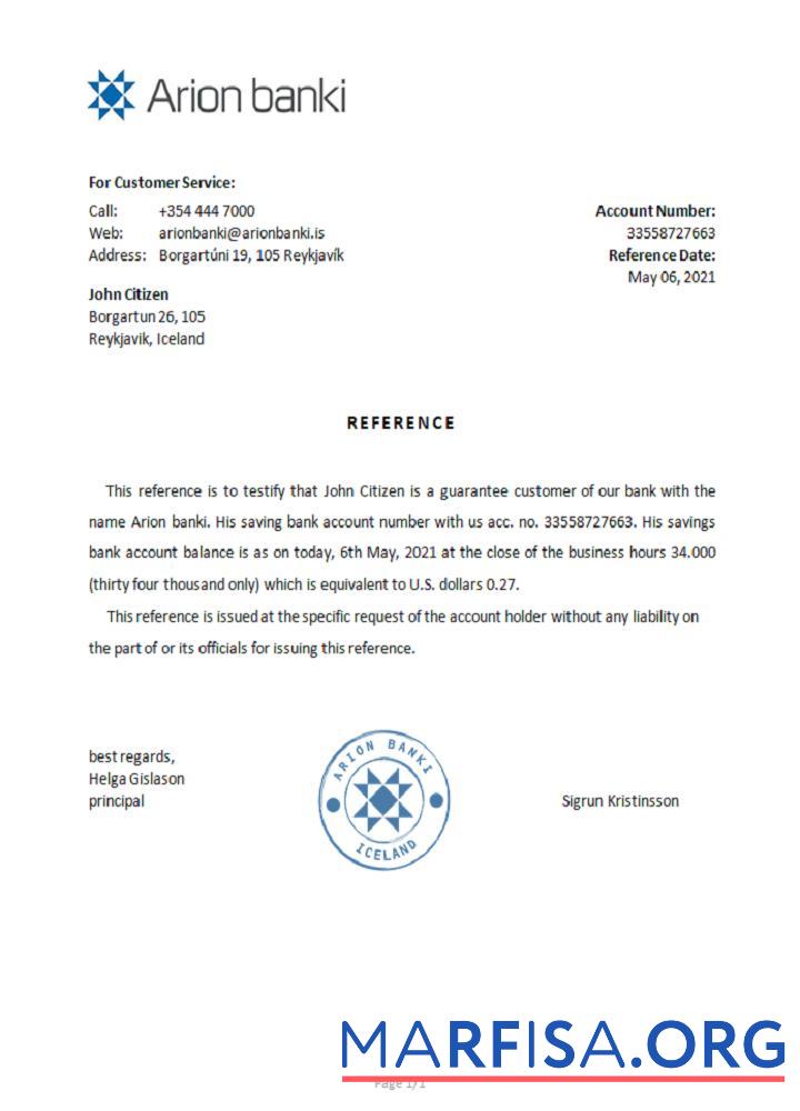 Исландия Arion Банковский Справка образец