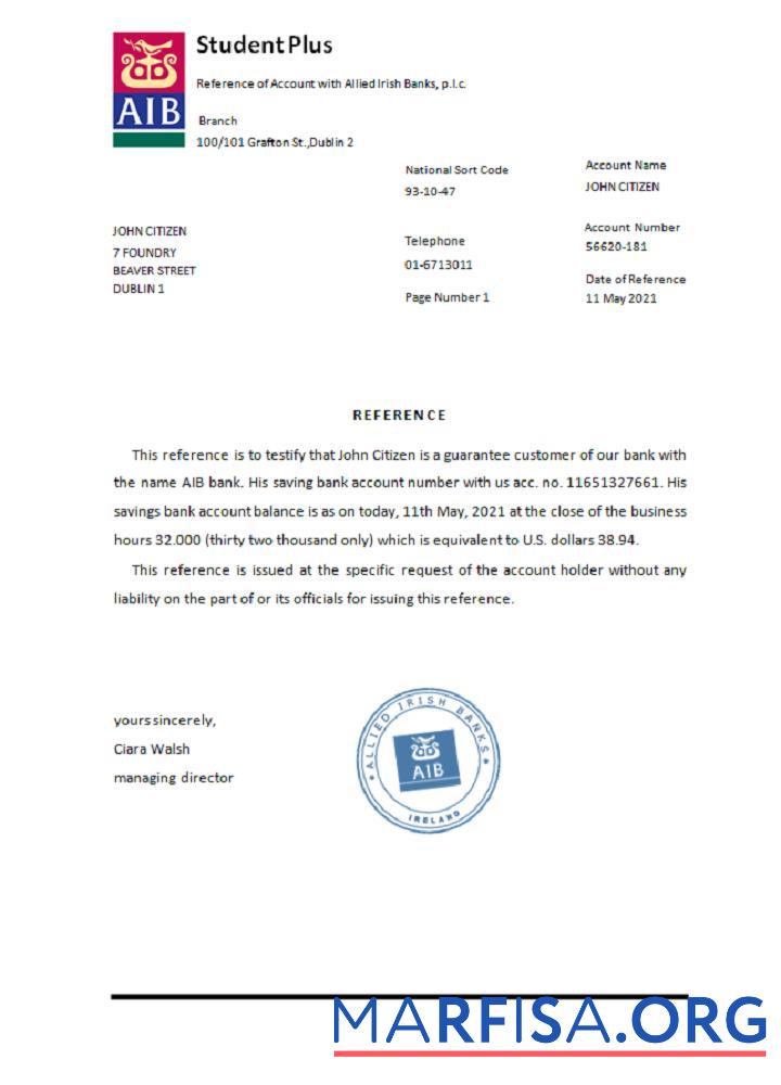 Ирландия AIB Справка образец