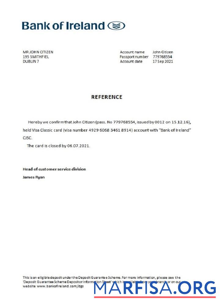 Ирландия Банковский of Ирландия closure Справка образец