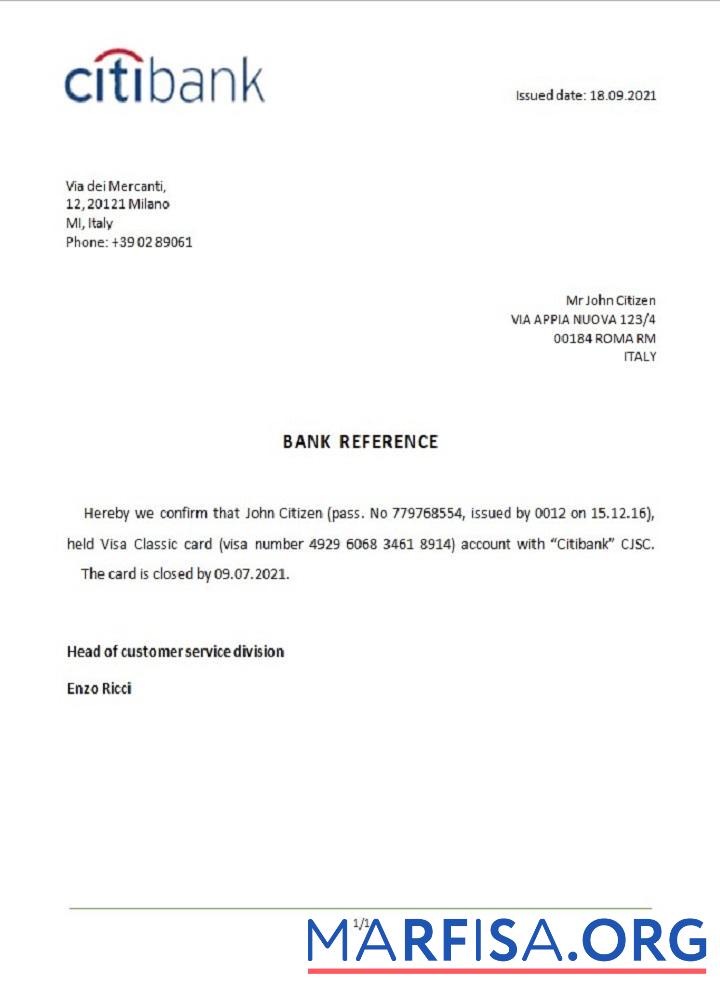 Италия Citibank closure Справка образец