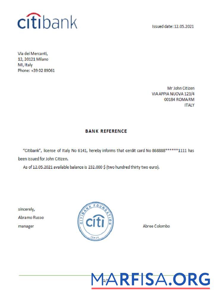 Италия Citibank Справка образец