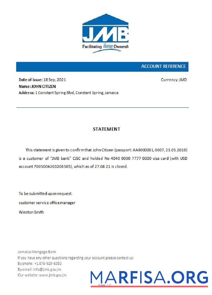 Ямайка Ипотека closure Справка шаблон
