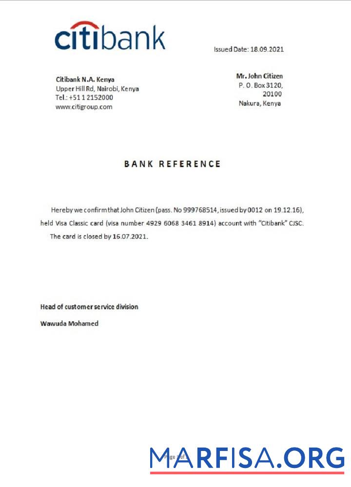 Кения Citibank closure Справка макет