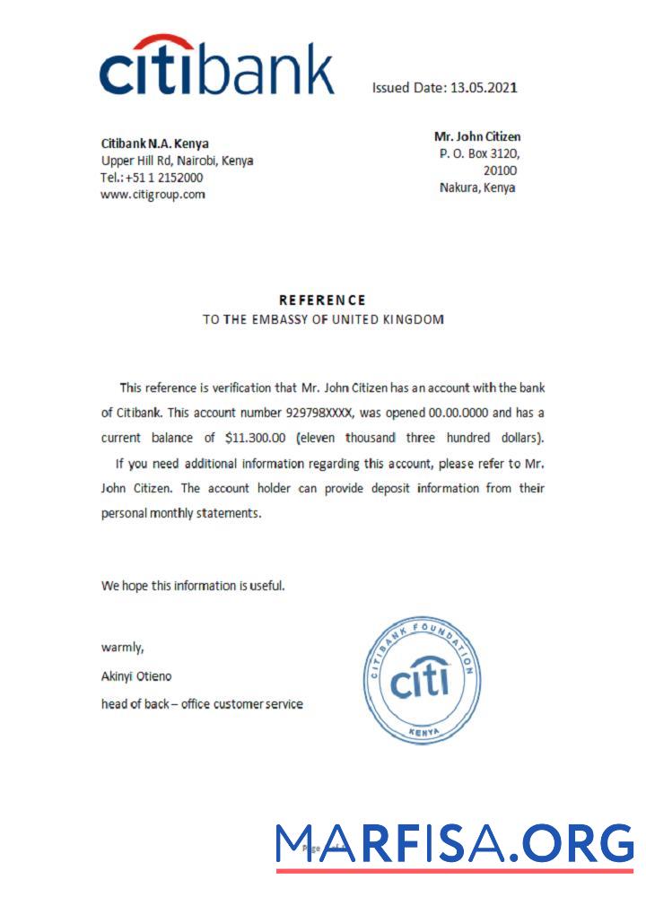 Кения Citibank Справка предпросмотр