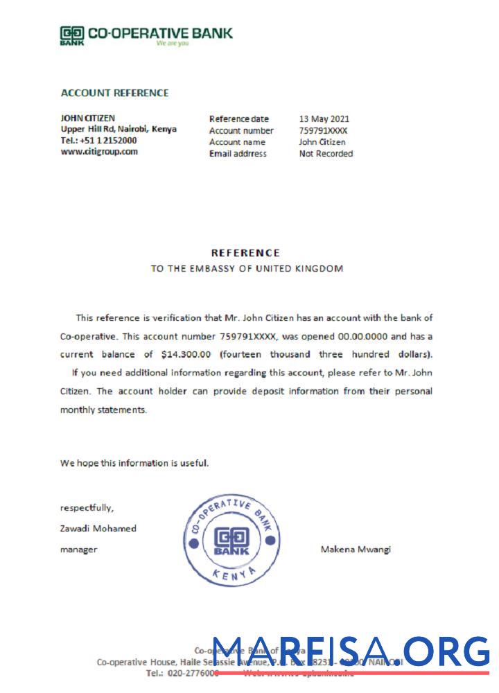 Кения Co operative Справка шаблон