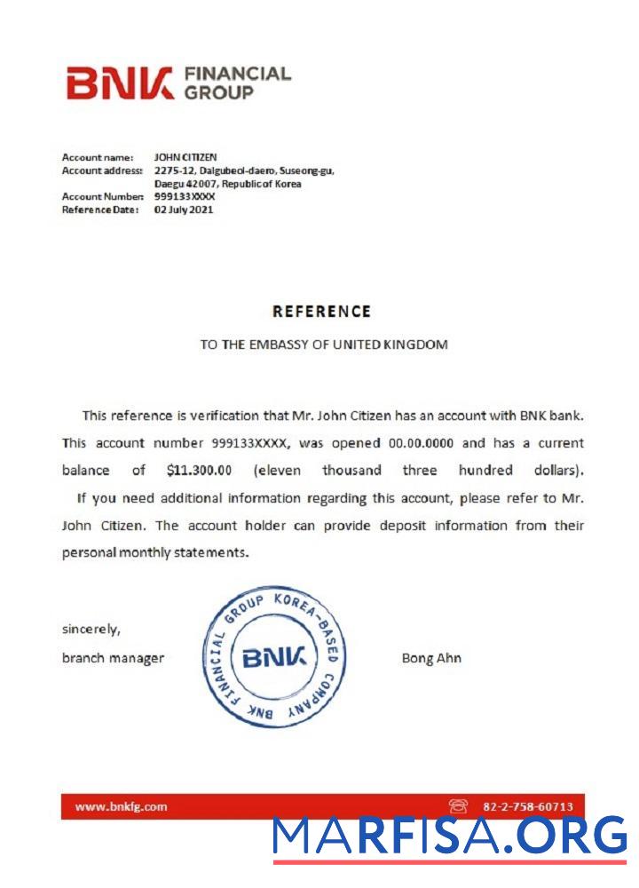 Korea BNK Банковский Справка образец