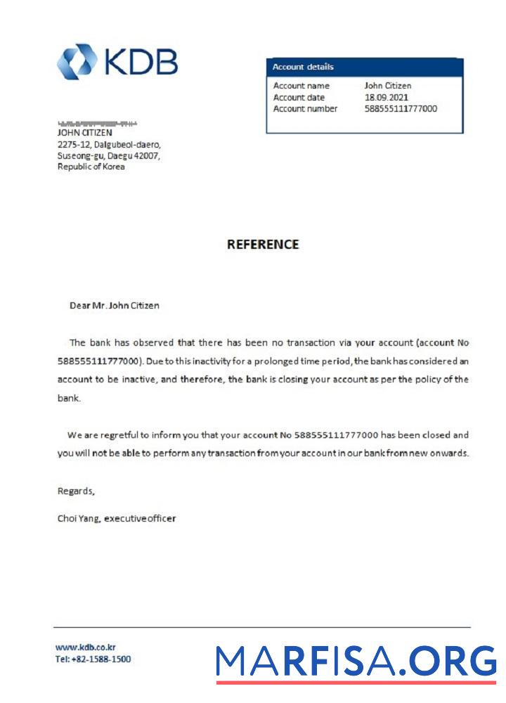 Korea KDB Банковский closure Справка предпросмотр