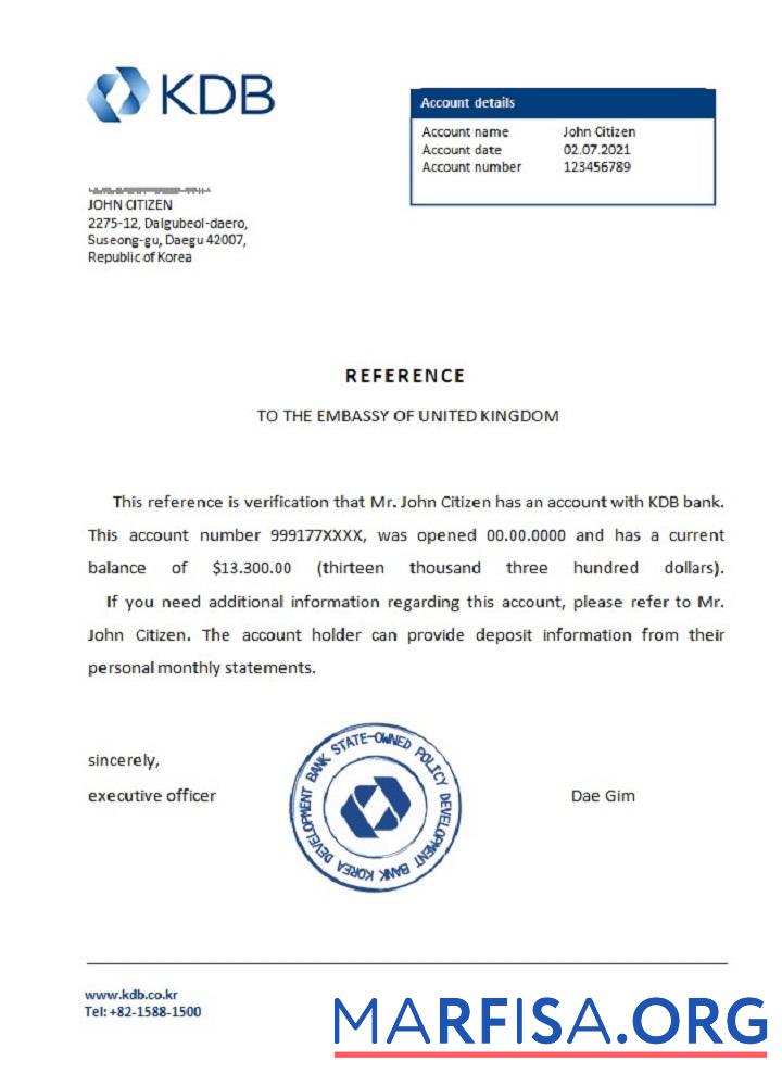 Korea KDB Банковский Справка макет