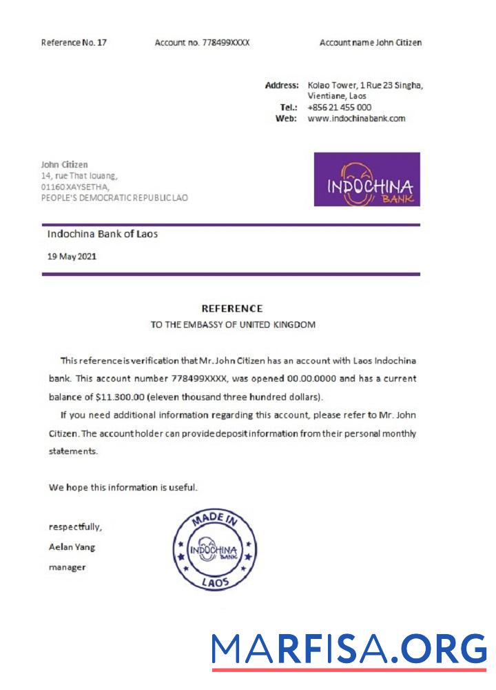 Лаос Indochina Банковский Справка шаблон