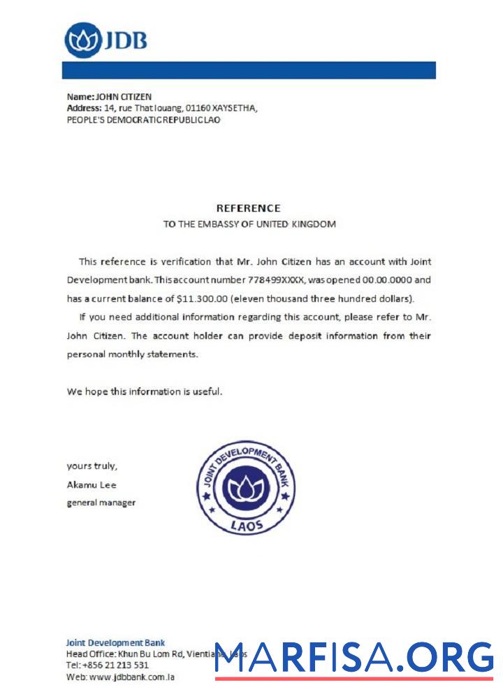 Лаос Joint Development Банковский Справка макет