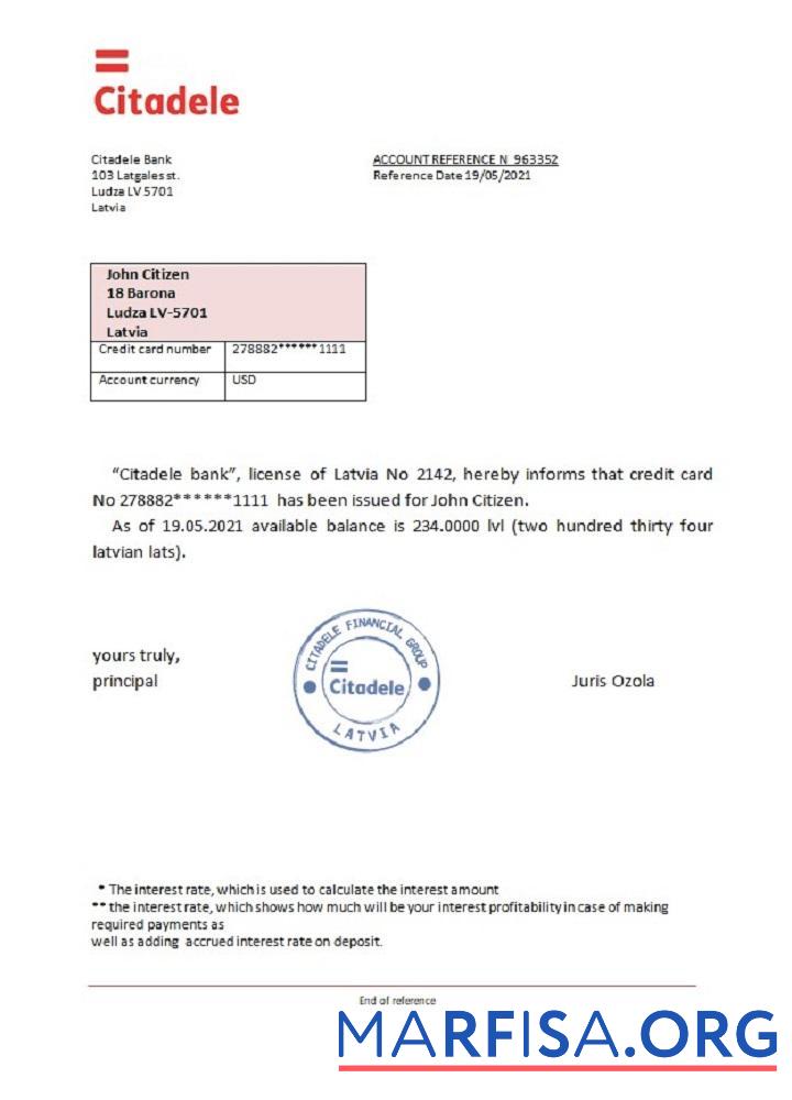 Латвия Citadele Банковский Справка образец