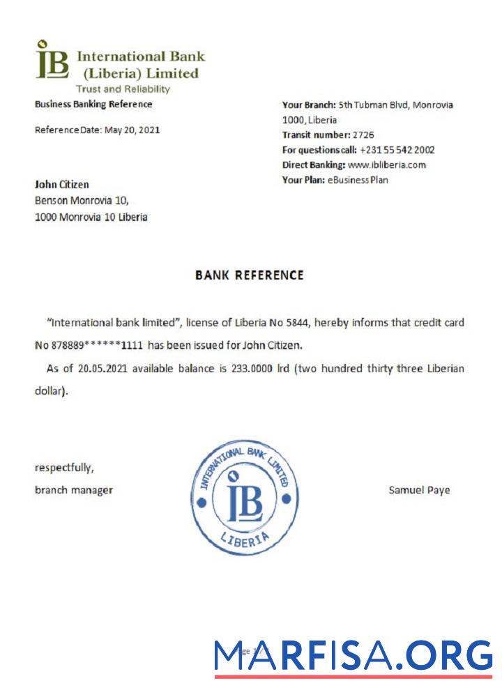 Либерия IB International Банковский Справка шаблон