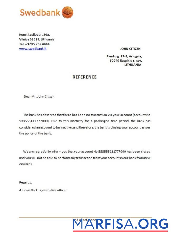 Литва Swedbank closure Справка предпросмотр