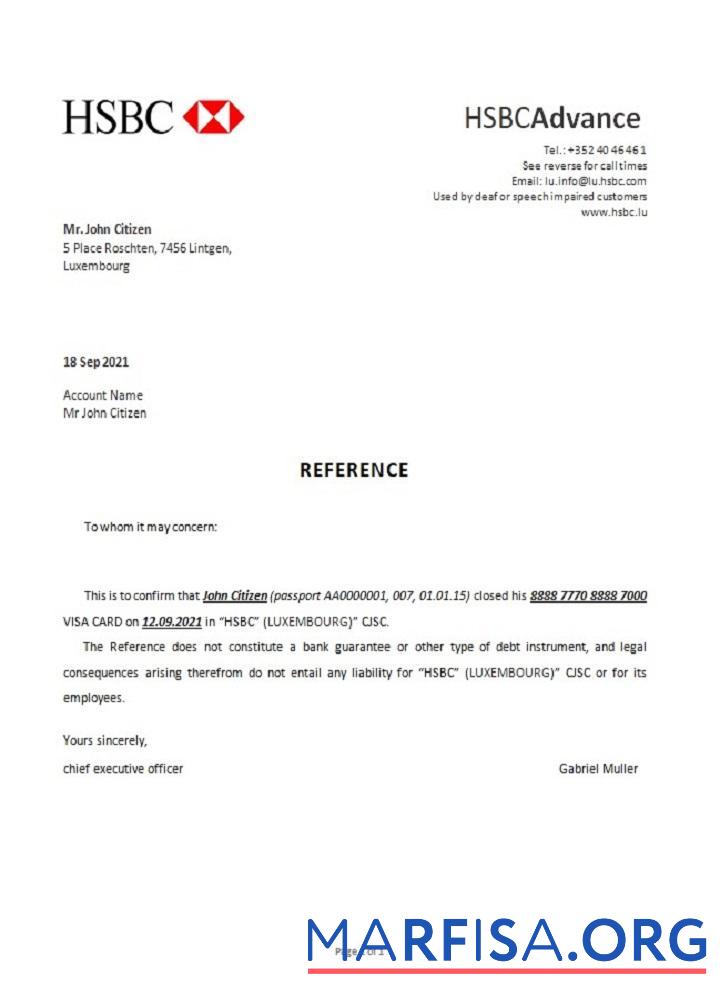 Люксембург HSBC closure Справка шаблон