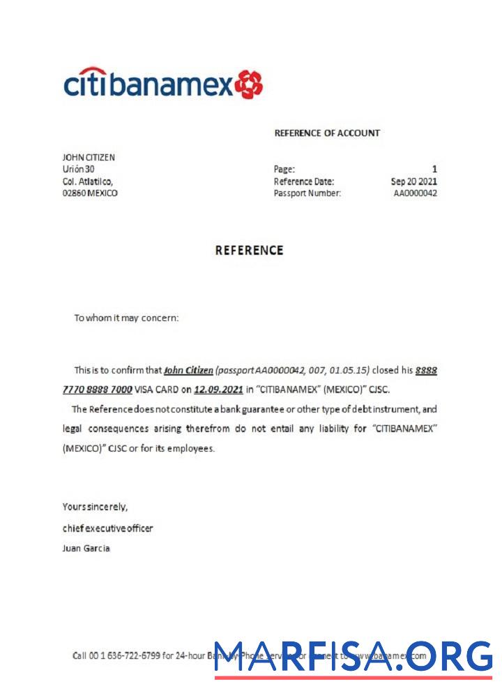 Мексика Citibanamex Банковский closure Справка макет