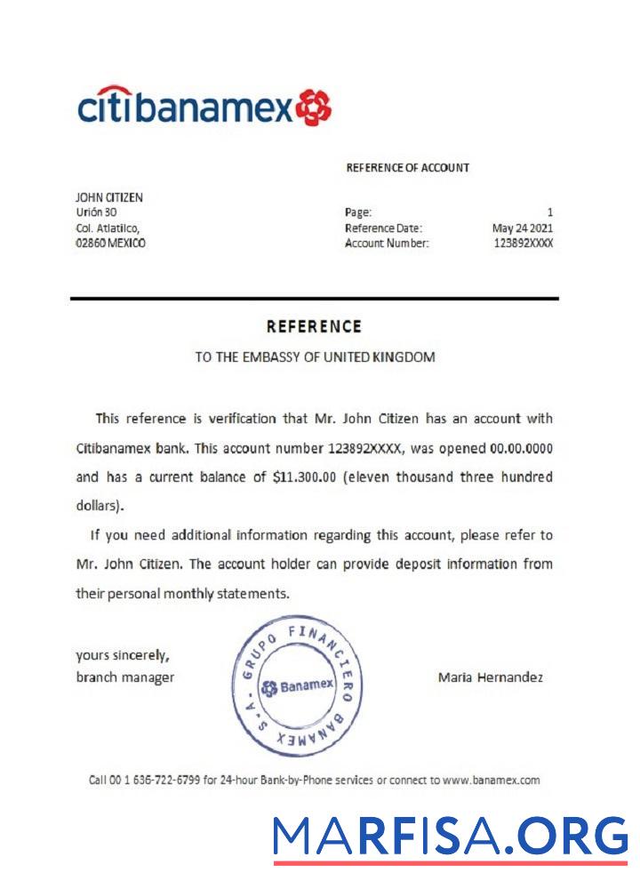 Мексика Citibanamex Банковский Справка образец