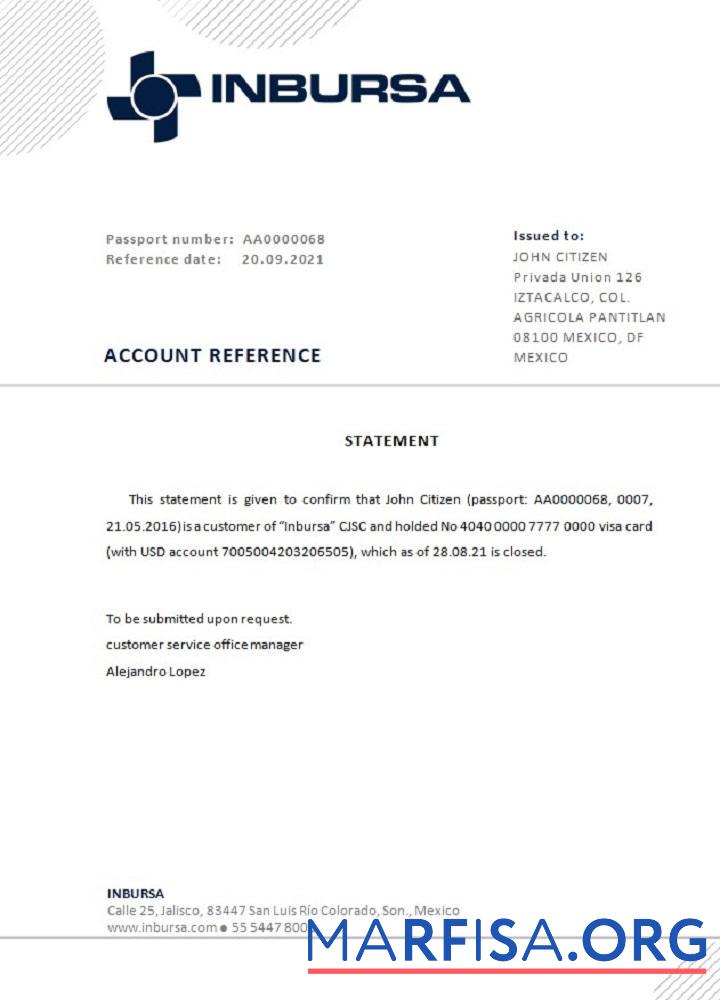 Мексика Inbursa Банковский closure Справка предпросмотр