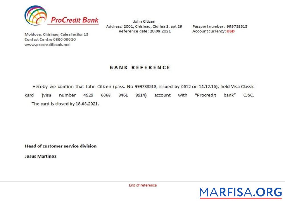 Молдова Procredit Банковский closure Справка предпросмотр