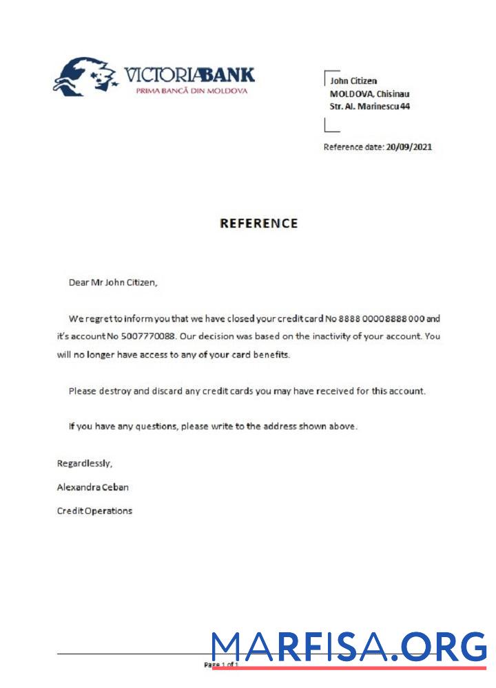 Молдова Victoriabank closure Справка образец