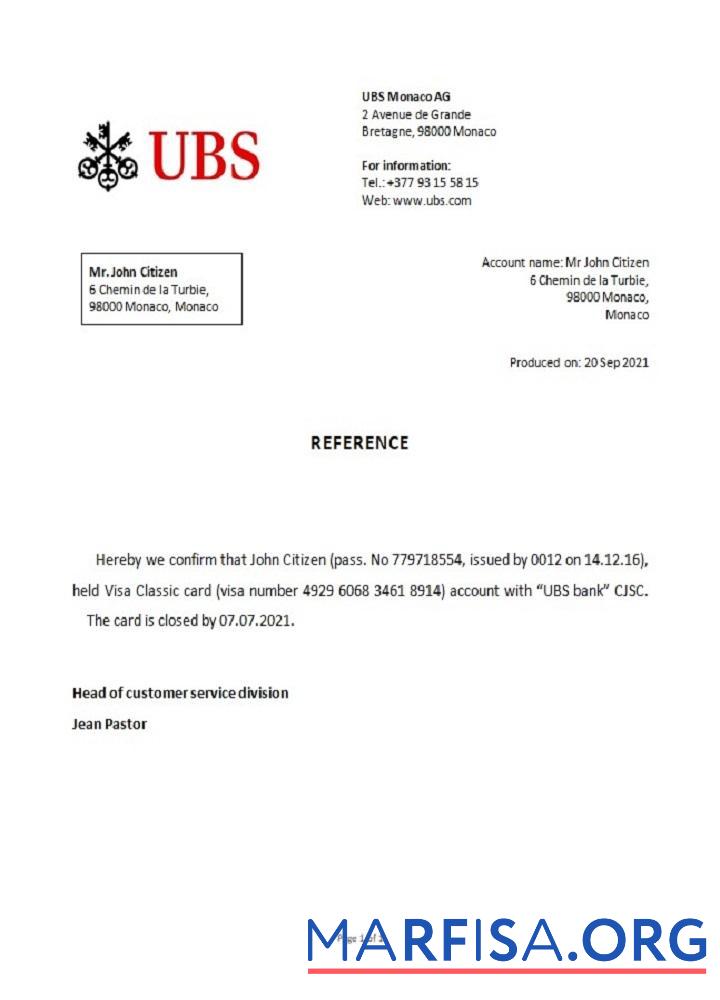 Монако UBS Банковский closure Справка макет