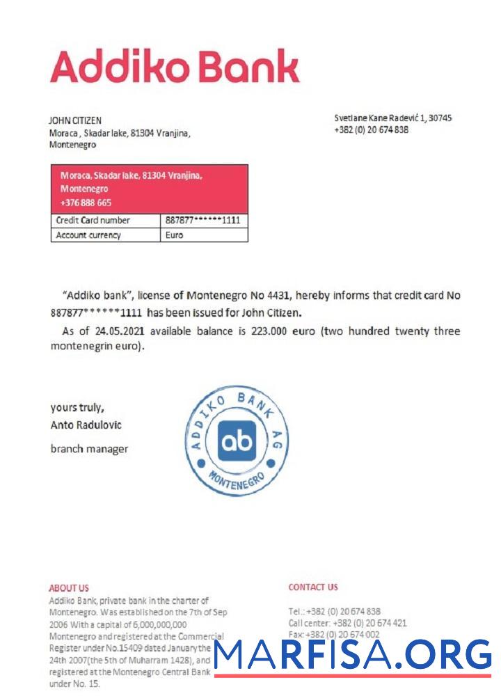 Черногория Addiko Банковский Справка предпросмотр