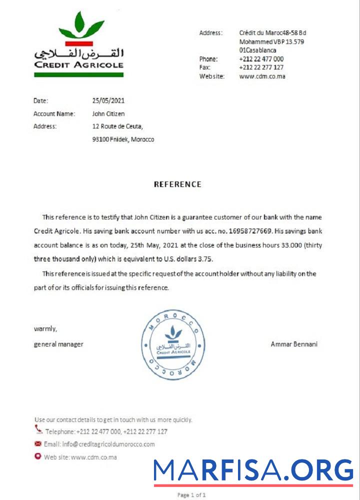 Марокко Кредит Agricole Банковский Справка макет