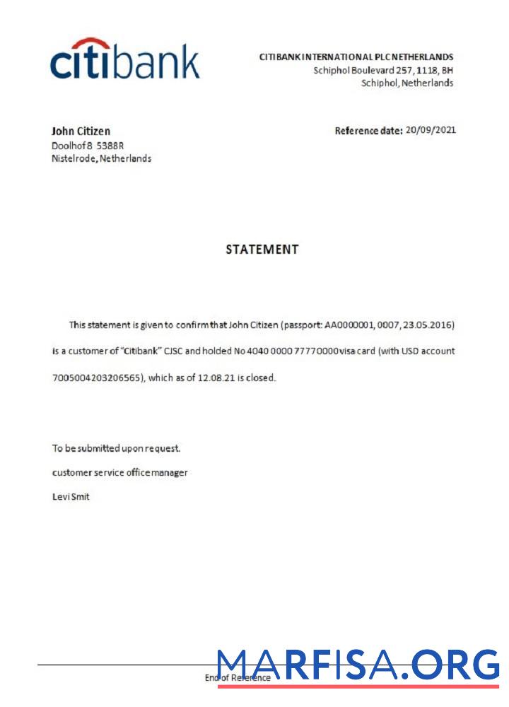 Нидерланды Citibank closure Справка предпросмотр