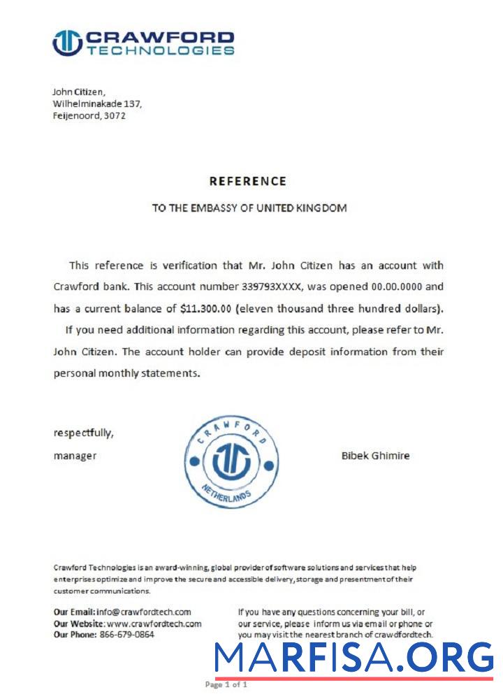 Нидерланды Crawford Банковский Справка шаблон