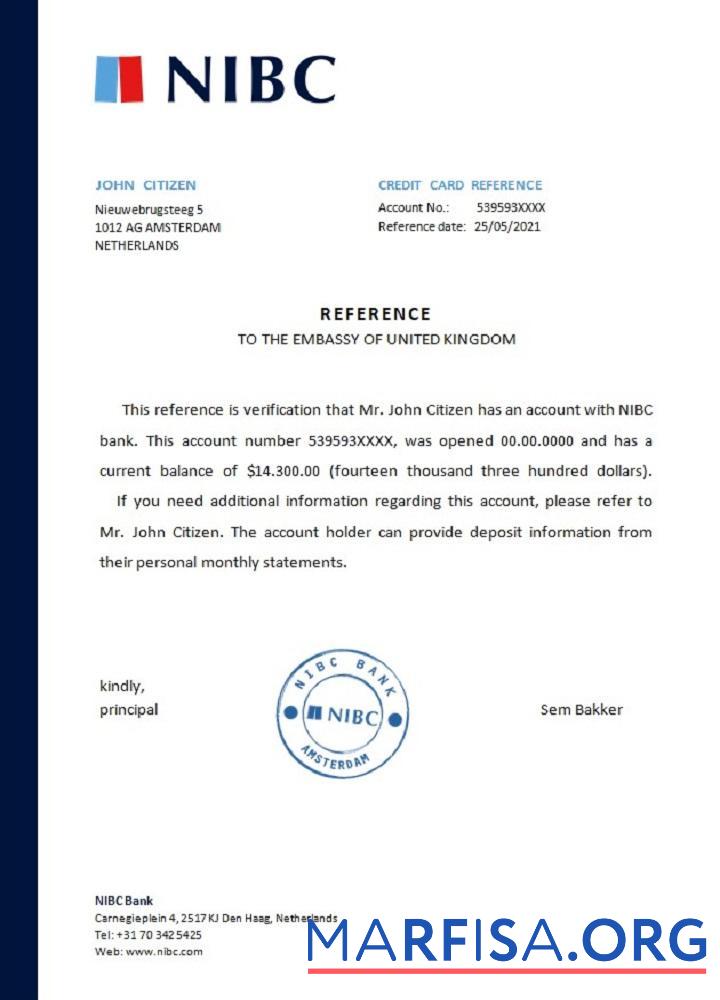 Нидерланды NIBC Банковский Справка шаблон