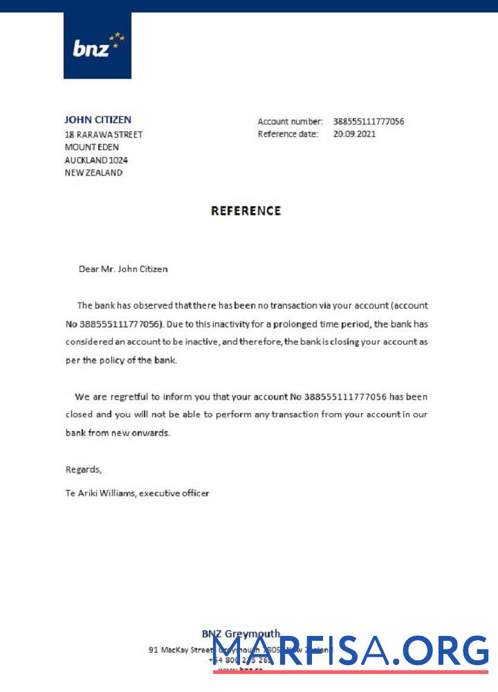Новая Зеландия BNZ closure Справка дизайн