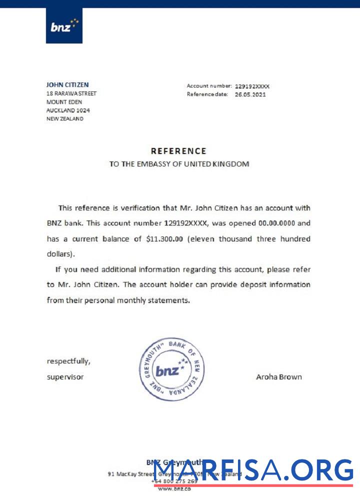 Новая Зеландия BNZ Справка шаблон
