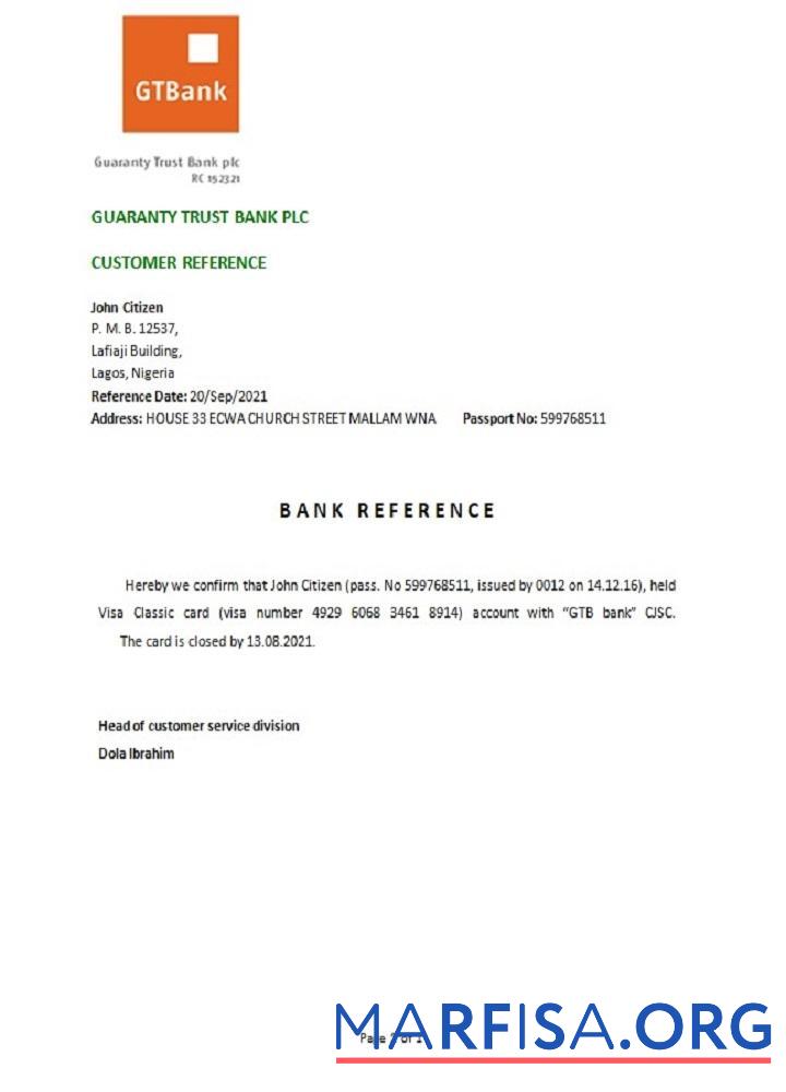 Нигерия GTBank closure Справка образец