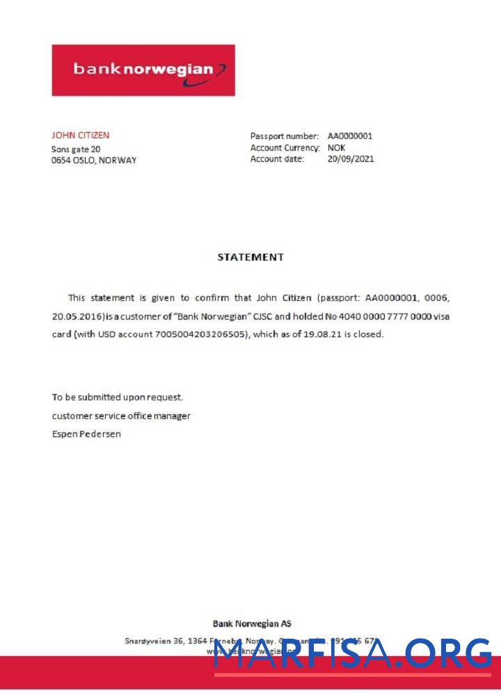 Норвегия Банковский Norwegian closure Справка макет