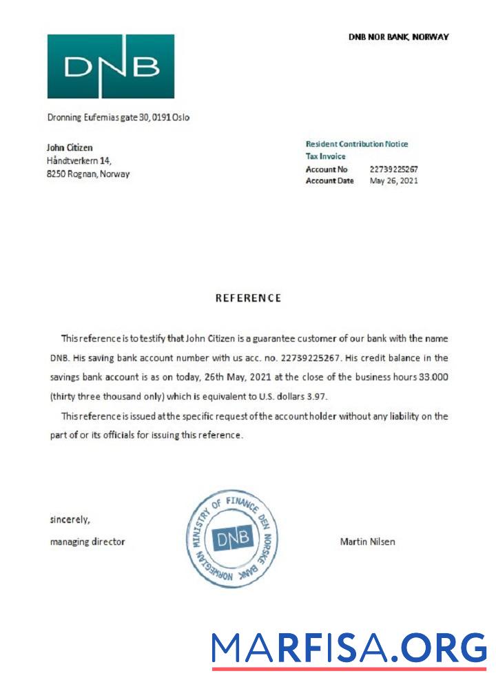 Норвегия DNB Справка образец