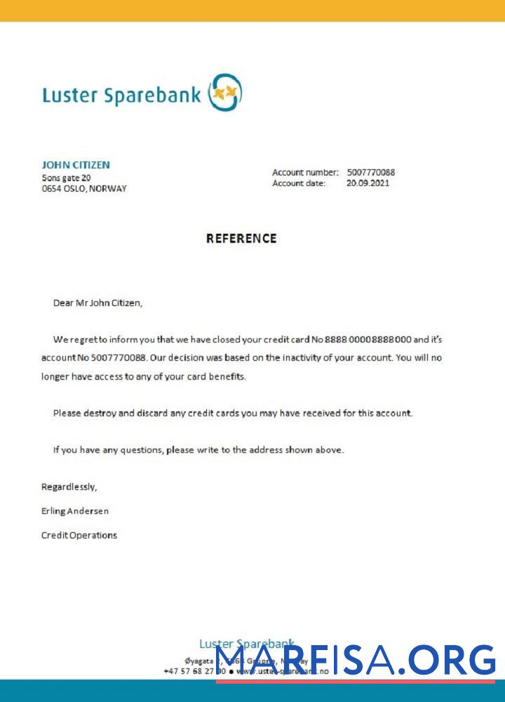 Норвегия Luster Sparebank closure Справка образец
