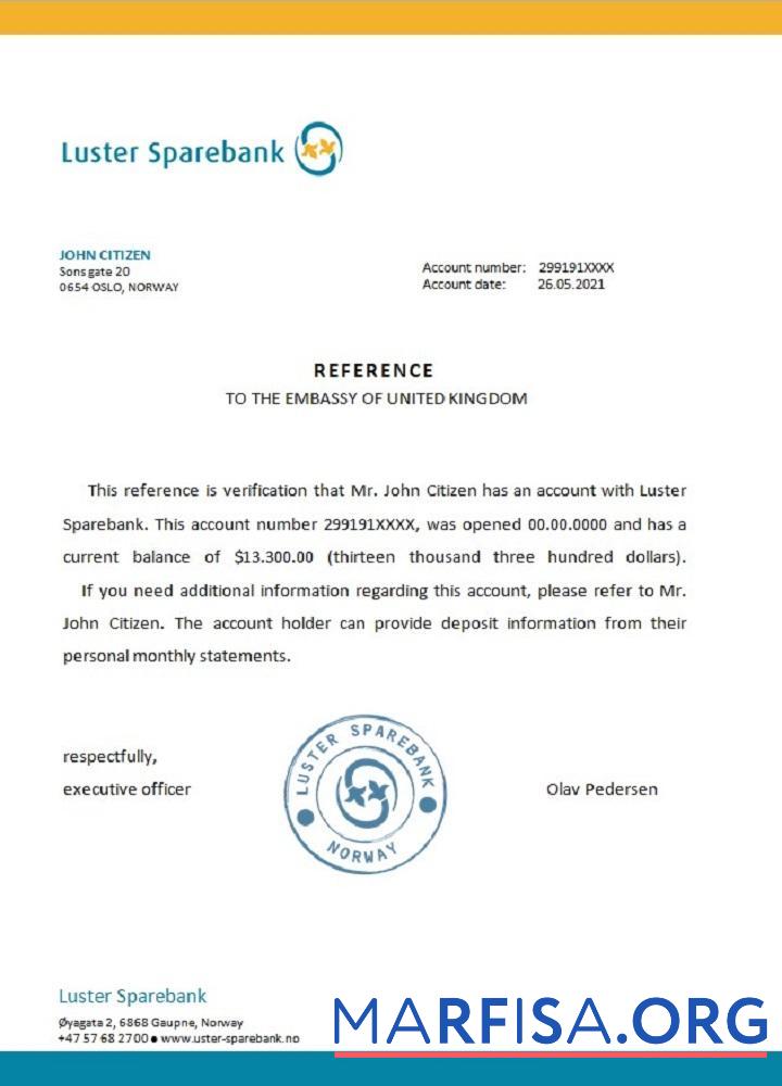 Норвегия Luster Sparebank Справка шаблон