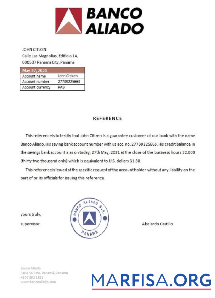Панама Banco Aliado Справка макет