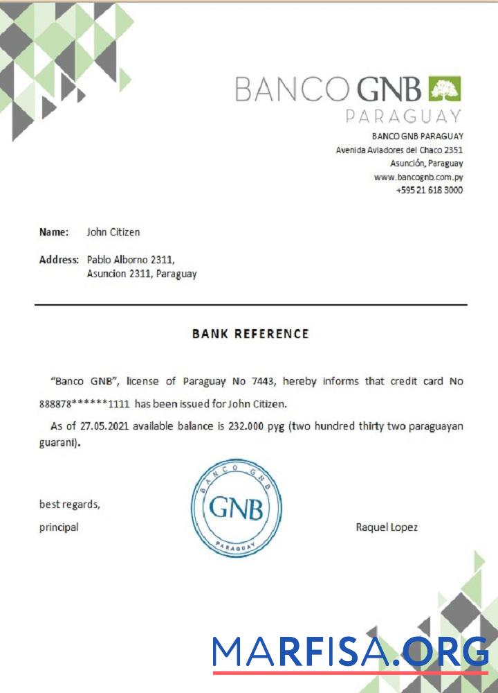 Парагвай Banco GNB Справка макет