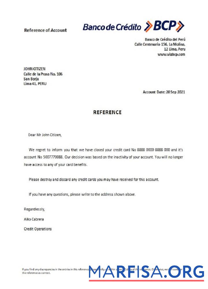 Перу Banco de Credito closure Справка предпросмотр