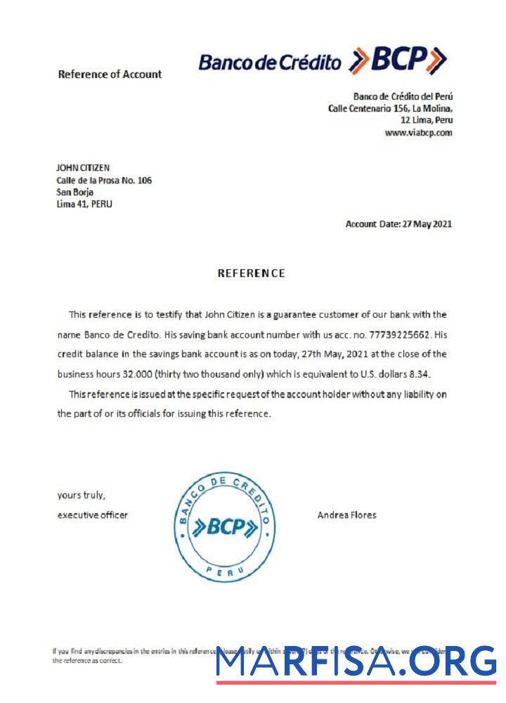 Перу Banco de Credito Справка образец