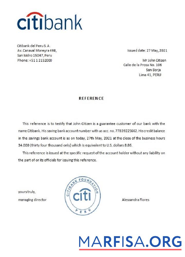 Перу Citibank Справка предпросмотр