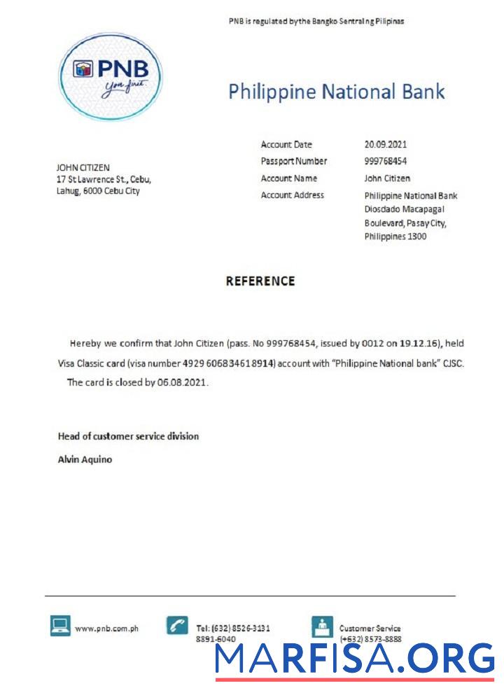 Филиппины PNB closure Справка шаблон
